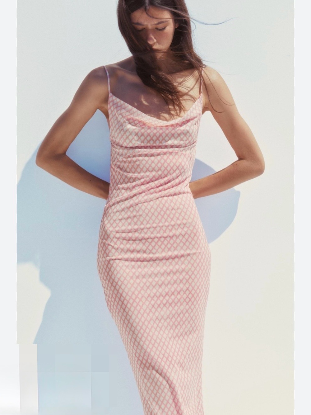 Zara NEW Pink Plaid Mesh Drape Neck Open BackSpaghetti Strap Maxi Dress Small